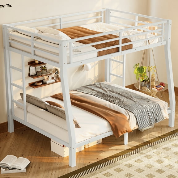 Full XL over Queen Bunk Bed, Metal Bunk Bed for Adults and Teens, Heavy Duty Space Saving Bunkbed Frame with 2 Ladders, Noise Reduced, No Box Spring Needed, White