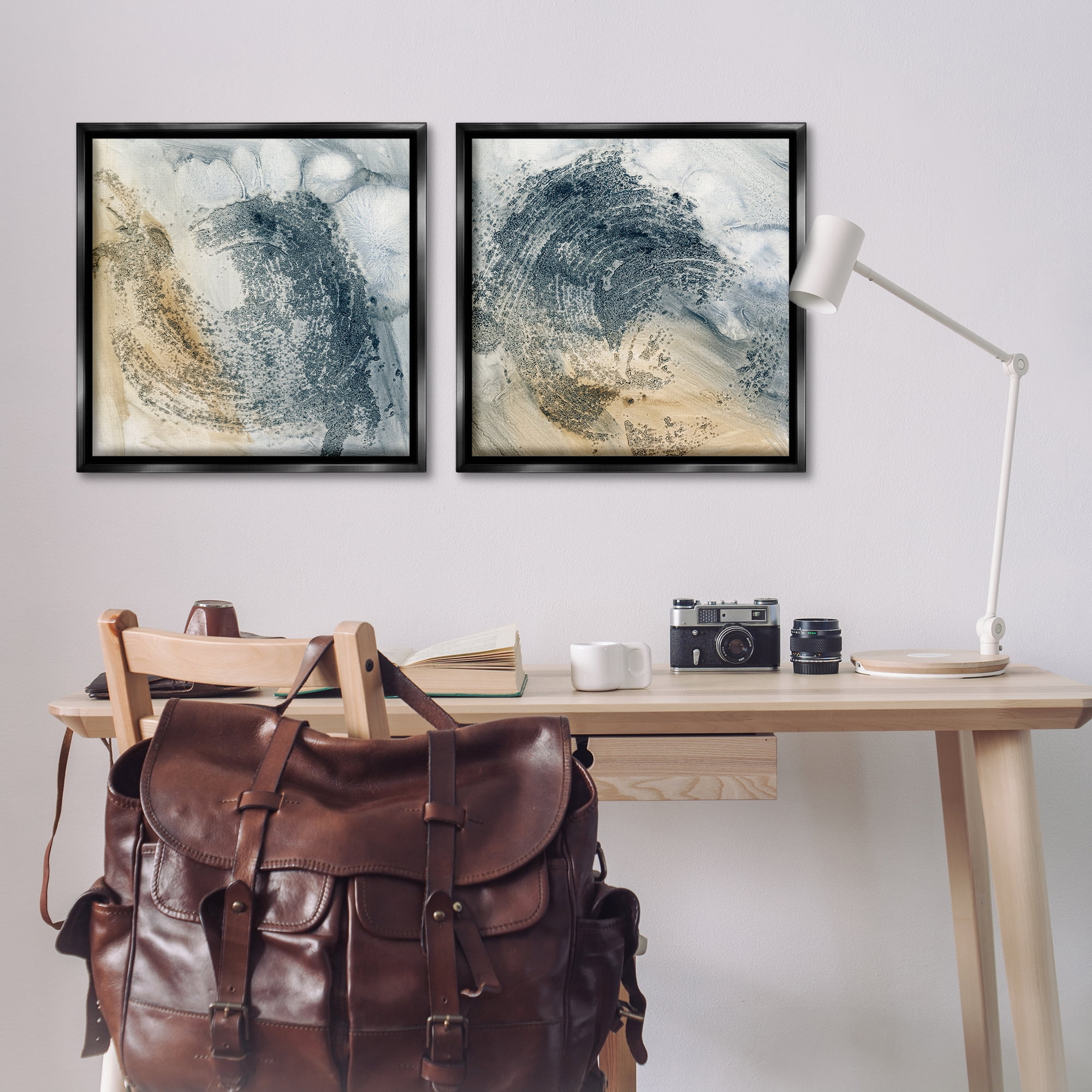 Stupell Industries Abstract Beige Blue Wave Abstract Painting Black Floater Framed Canvas Art Print Wall Art, 25 x 25, Set of 2