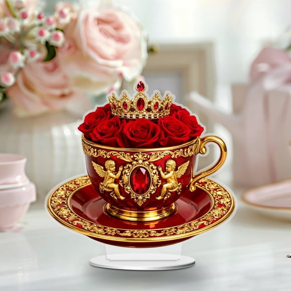CaiYueKe Romantic Heart Teacup Acrylic Ornament Decorative Gift for Couples Valentine's Day Anniversary Wedding Home Decor Kitchen Desk Tabletop Decoration Love Present Souvenir Collectible