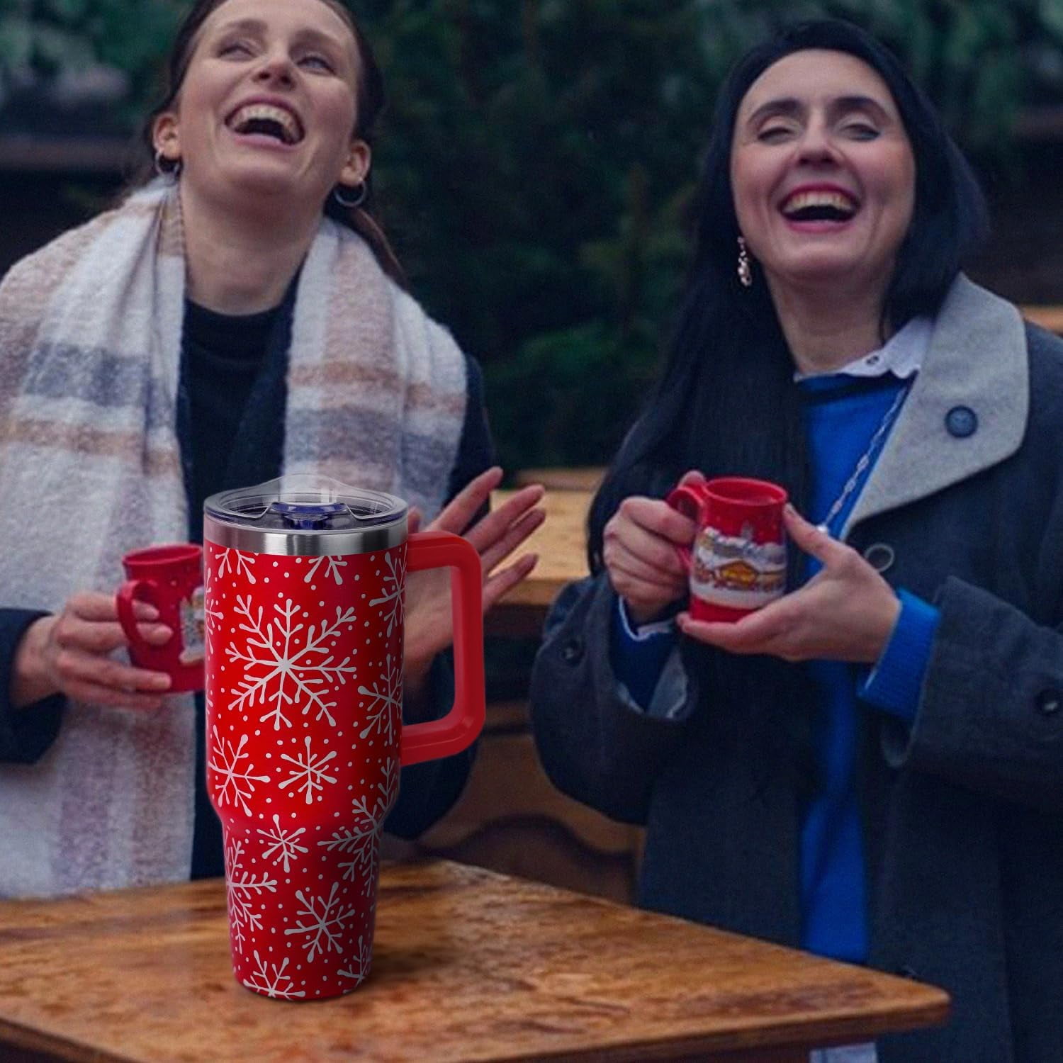 Christmas Tumbler with Handle and Straw Lid 40 oz,Cute Christmas Gifts for Women Red Snowflakes Vacuum Insulated Leak Proof Tumbler,Winter Holiday Accessories Stainless Steel Coffee Cup Mug