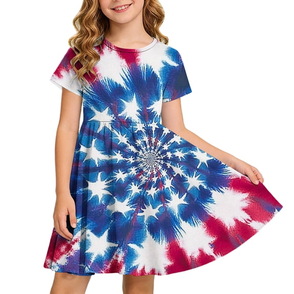 Girls 4th of July Independence Day Patriotic Tie Dye Skater Dress Short Sleeve A Line Swing Dress,Size 4 T