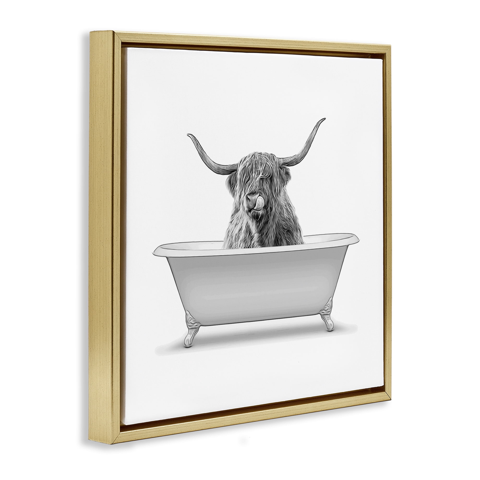 Stupell Industries Longhorn Highland Cow Bath Tub Animals & Insects Painting Gold Floater Framed Canvas Art Print Wall Art, 18 x 18