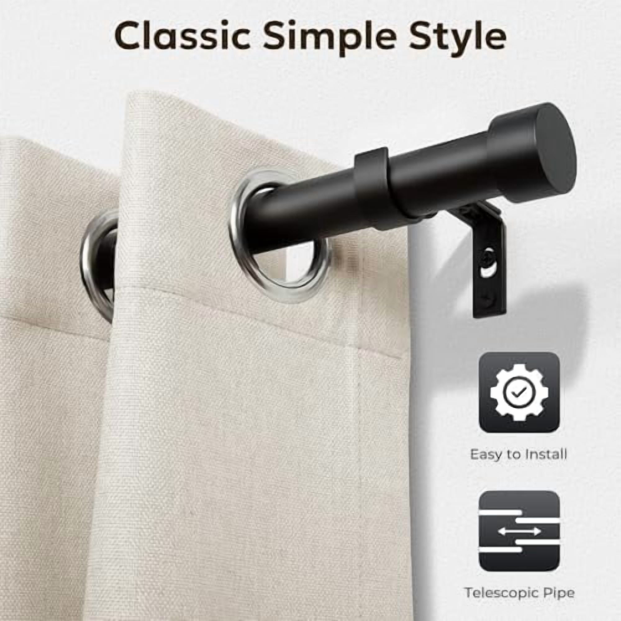 Curtain Rods for Windows 48 to 84, Black Curtain Rod, Adjustable 1 Inch Heavy Duty Outdoor/Indoor Modern Drapery Pole, 32"-86"