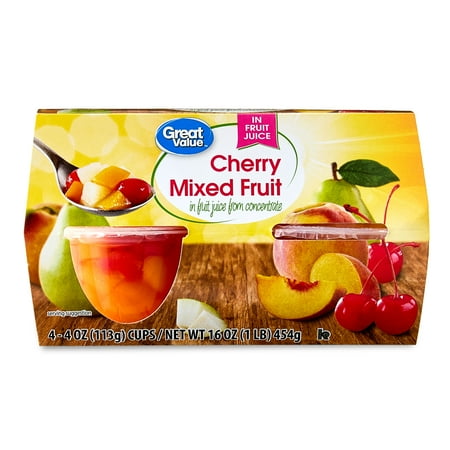 Great Value Cherry Mixed Fruit in 100% Juice, 4 oz, 4 Ct