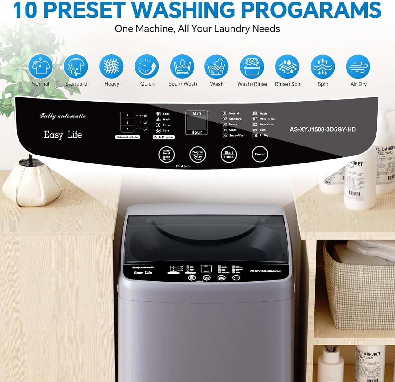Bigleap Portable Washing Machine 7.7 lbs, Full-Automatic Compact Washer, 10 Cycles LED Display for Apartments, Dorms, RV, Gray
