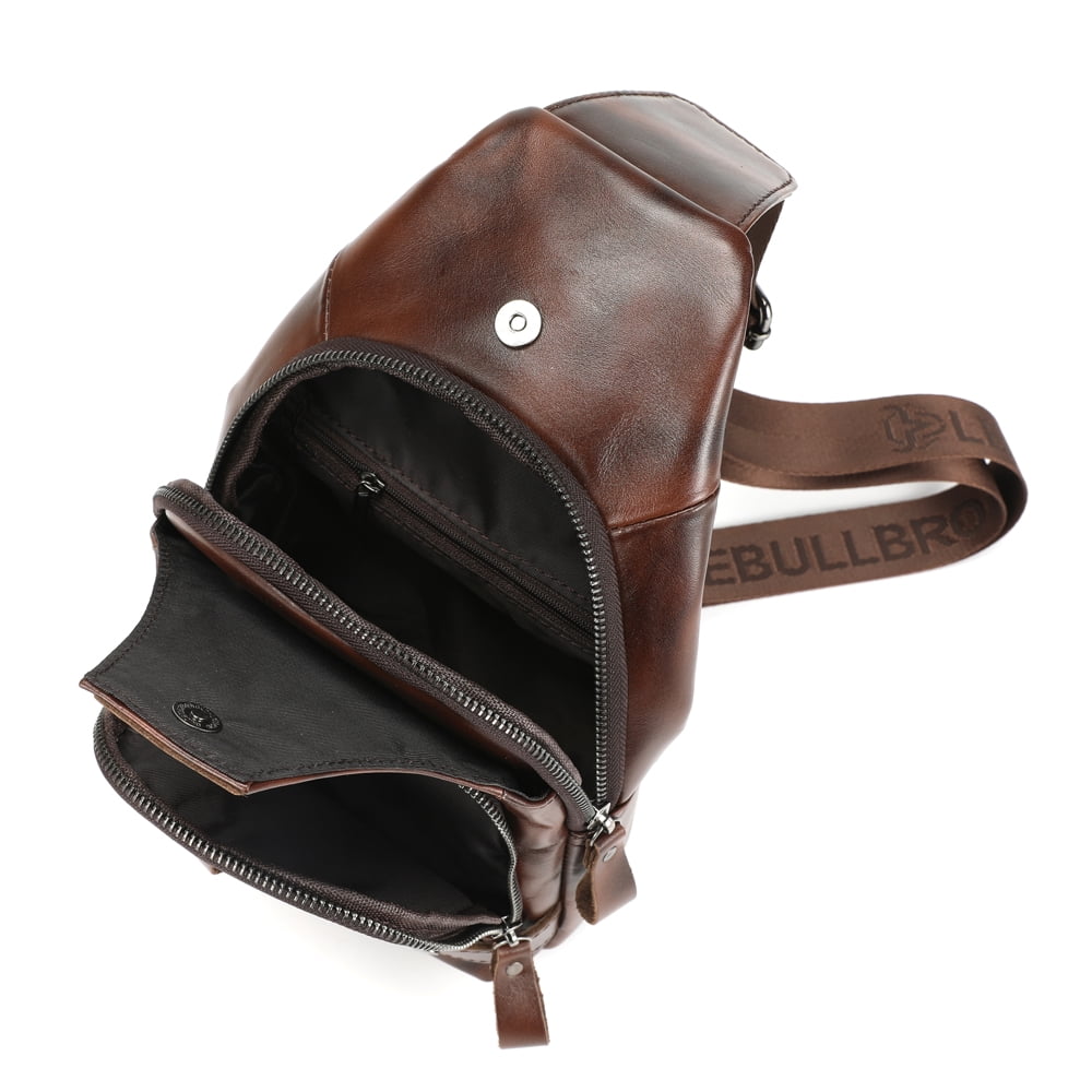 LEBULLBRO Sling Bag for Men Genuine Leather Chest Bag Crossbody Backpack Travel Hiking Outdoor Sports Brown Coffee