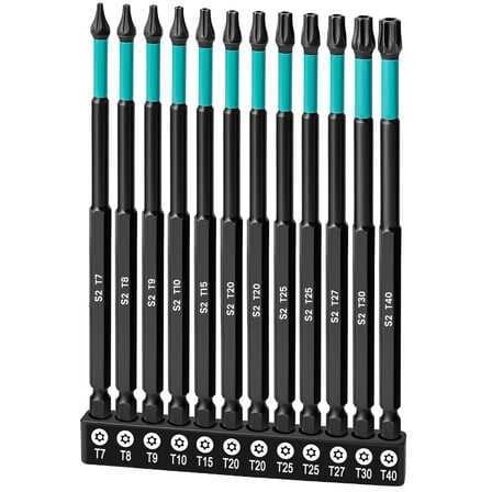12 Pcs Torx Bits Set, 6" Long Star Screwdriver Bit Set with Hole for Cordless Screwdrivers, 1/4" T7-T40, S2 Steel