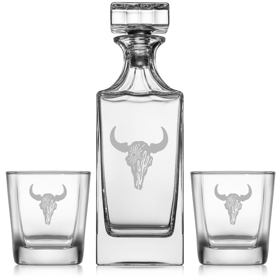 Whiskey Decanter Gift Set With 2 Whiskey Old Fashioned Rocks Glasses Cow Skull Sunshine