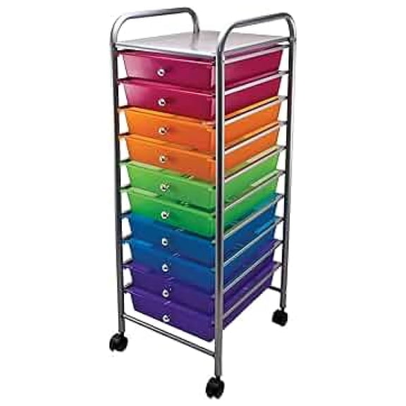 10-Drawer Rolling Organizer Storage Cart for School, Office, Teachers, & Storage, Mobile Utility Cart with Drawers, Multicolor
