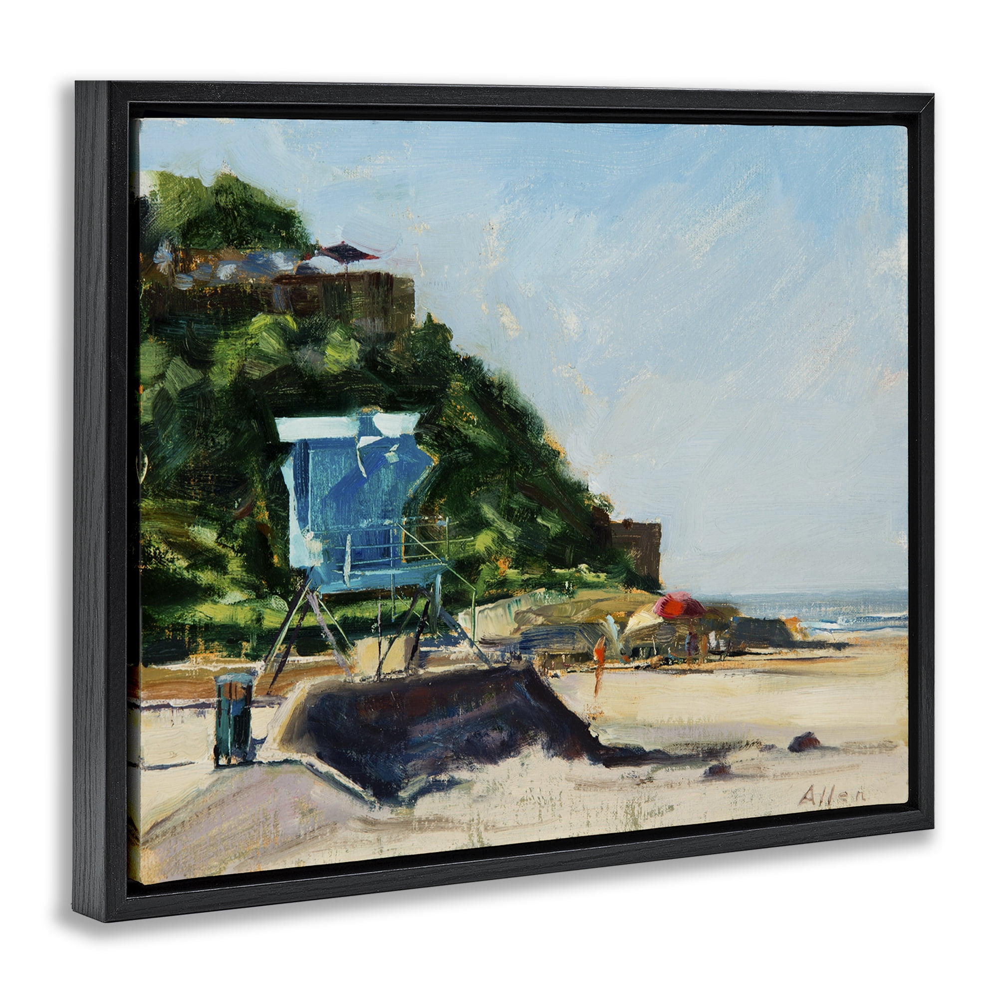 Stupell Industries Beach Guard Tower Landscape & Nature Painting Black Floater Framed Canvas Art Print Wall Art, 21 x 17