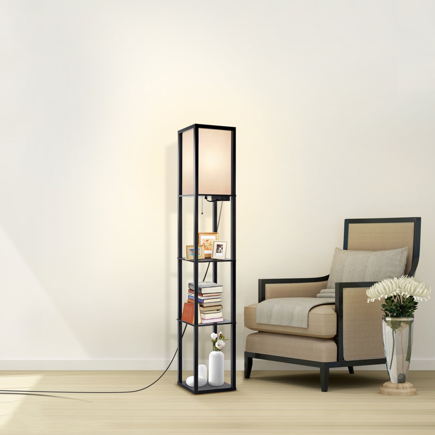 OUTON Floor Lamp with Shelves, Standing Lamp with USB & Type C & Power Outlet, 3 Color Temperature with Linenshade for Living Room, Bedroom, Black