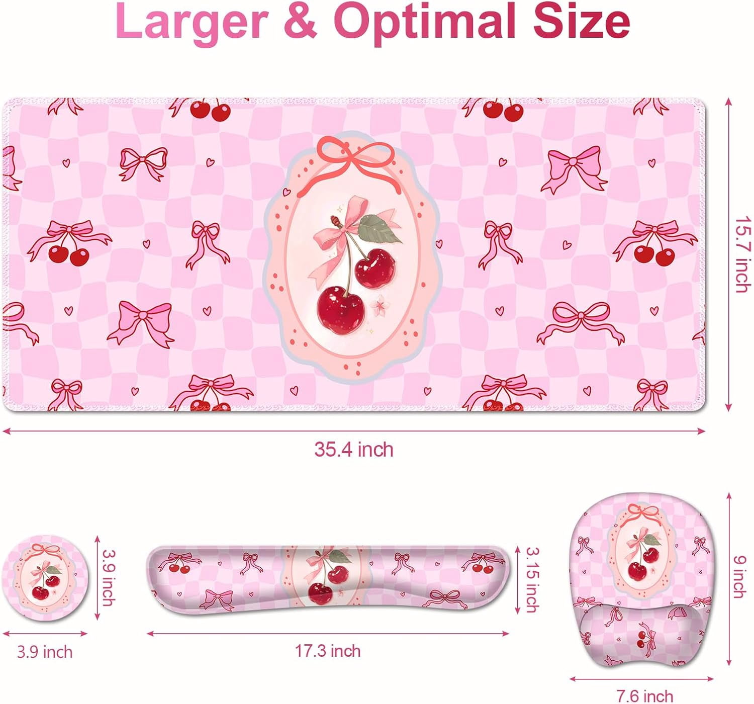Cute Check Mouse Pad with Wrist Support 4 in1 Set, XXL Big Game Mousepad + Keyboard Wrist Rest + Mouse Wrist Rest Pad +Coaster Gaming Mat for Work Study Home Office I Pink Cherry & Bow Dream