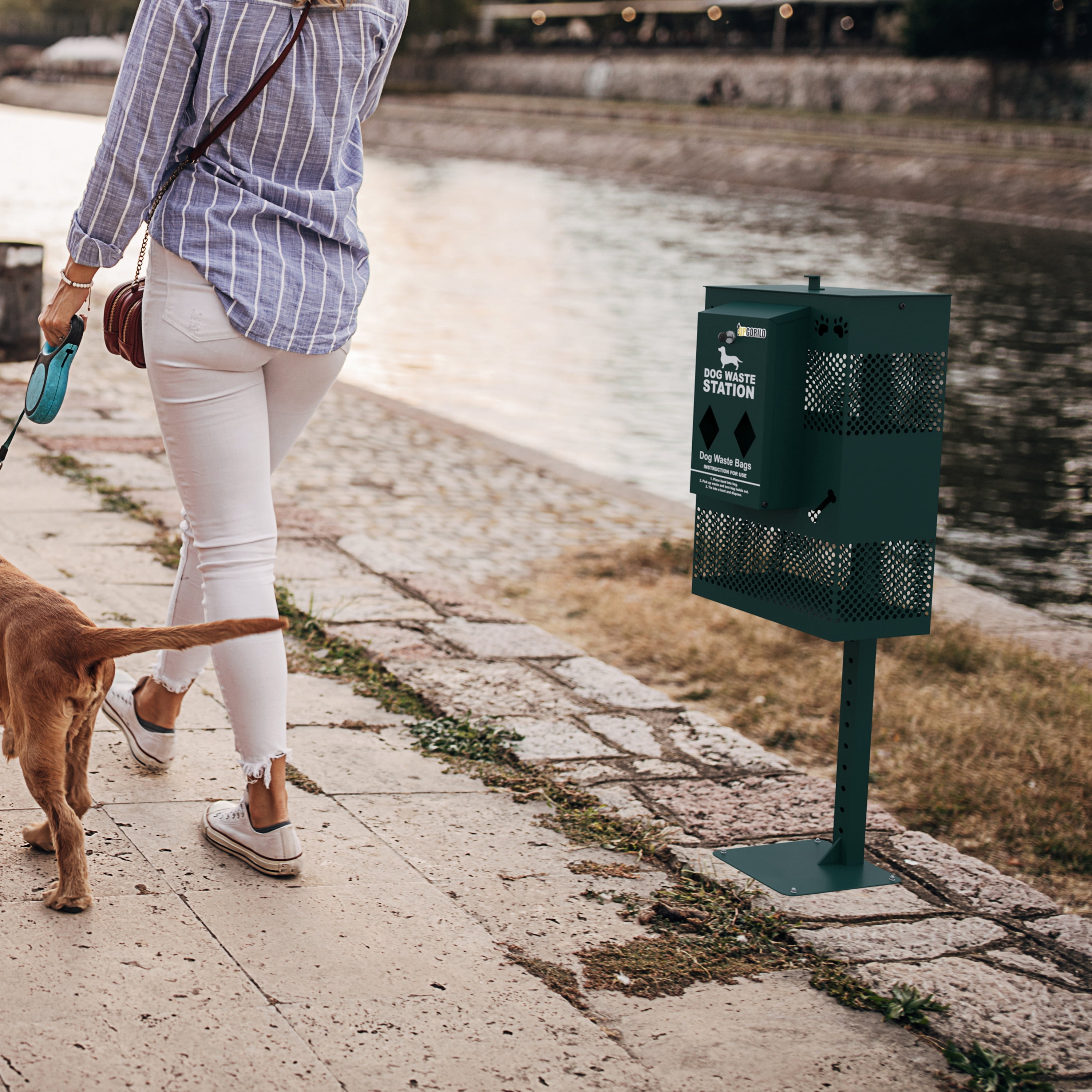 Emma + Oliver Compact Dog Waste Station with Rectangular Lidded Trash Can and Locking Roll Waste Bag Dispenser in Green
