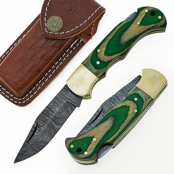 Custom Handmade Damascus Steel Folding Knife/Pocket Knife SS-17447(Green and White Colored Wood) (Black)