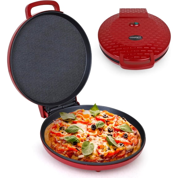 Courant Pizza Maker 12 inch Pizzas Machine, Newly improved Cool-touch Handle Non-Stick plates Pizza oven & Calzone Maker, Electric Countertop Oven for Home or School, 12” Indoor Grill/Griddle, Red