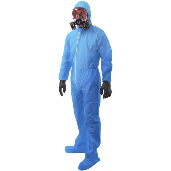 Disposable Coveralls with Hood, Elastic Wrists, and Boots, Blue Polypropylene, 50 GSM, 25 Count, X-Large