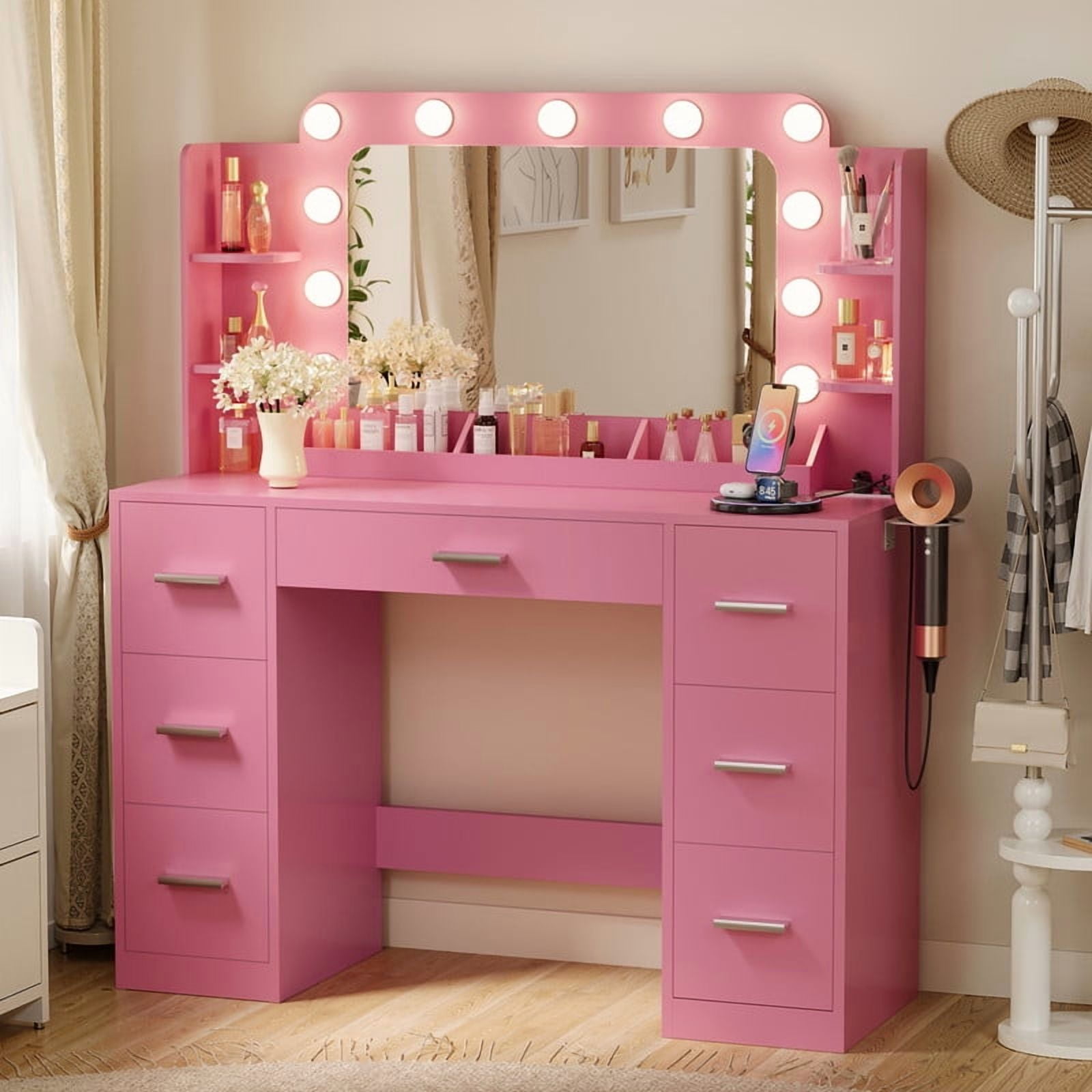 Furmax Vanity Set with Large Mirror & Adjustable Lights, Makeup Vanity Table with 7 Drawers & Open Shelves Vanity Desk for Bedroom, Pink