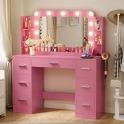 Furmax Vanity Set with Large Mirror & Adjustable Lights, Makeup Vanity Table with 7 Drawers & Open Shelves Vanity Desk for Bedroom, Pink