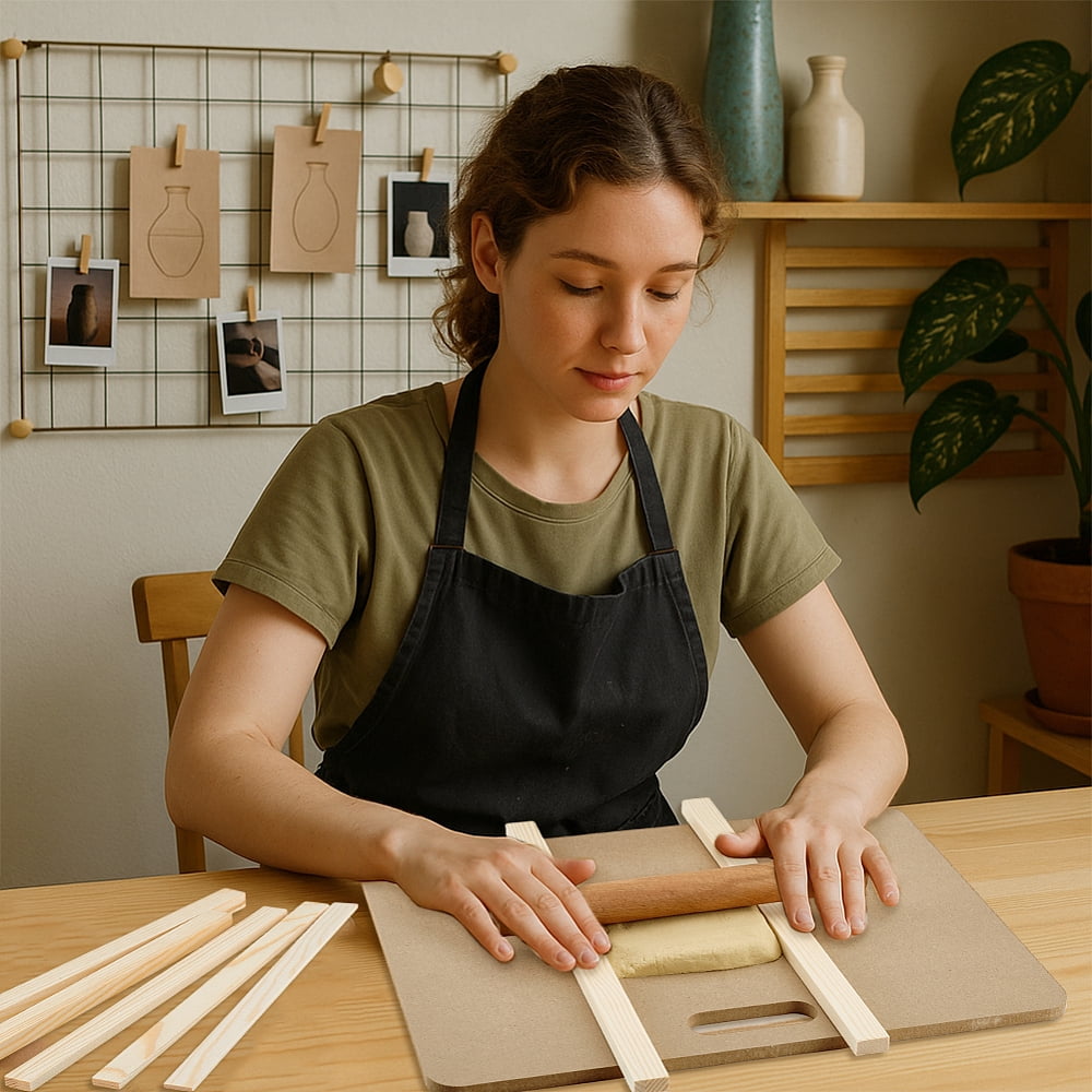 12pcs Pottery Tools Kit Include 1pcs Clay Wedging Board 1pcs Wood Rolling Pin for Clay 10pcs 5 Sizes Pottery Teaching Rolling Mud Stick Guide