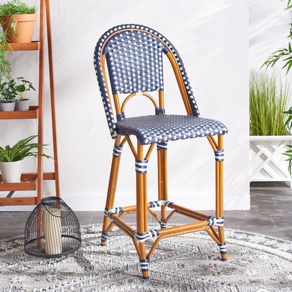 SAFAVIEH California Outdoor Patio Counter Stool, Navy/White