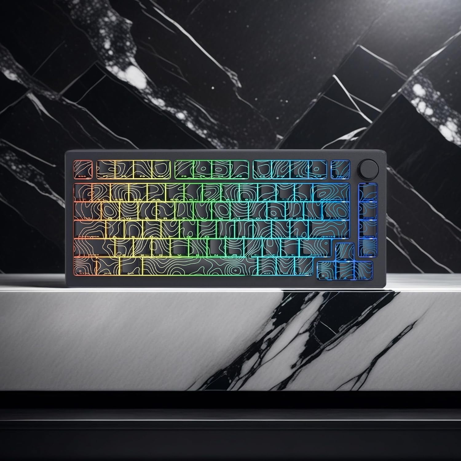 Double Shot PBT Keyboard keycaps Set,Black Topographic,Shine Through Custom keycap,Side Printed keycaps dye sub,Cherry Profile keycap for TKL US Layout Mechanical Keyboard(134keys)