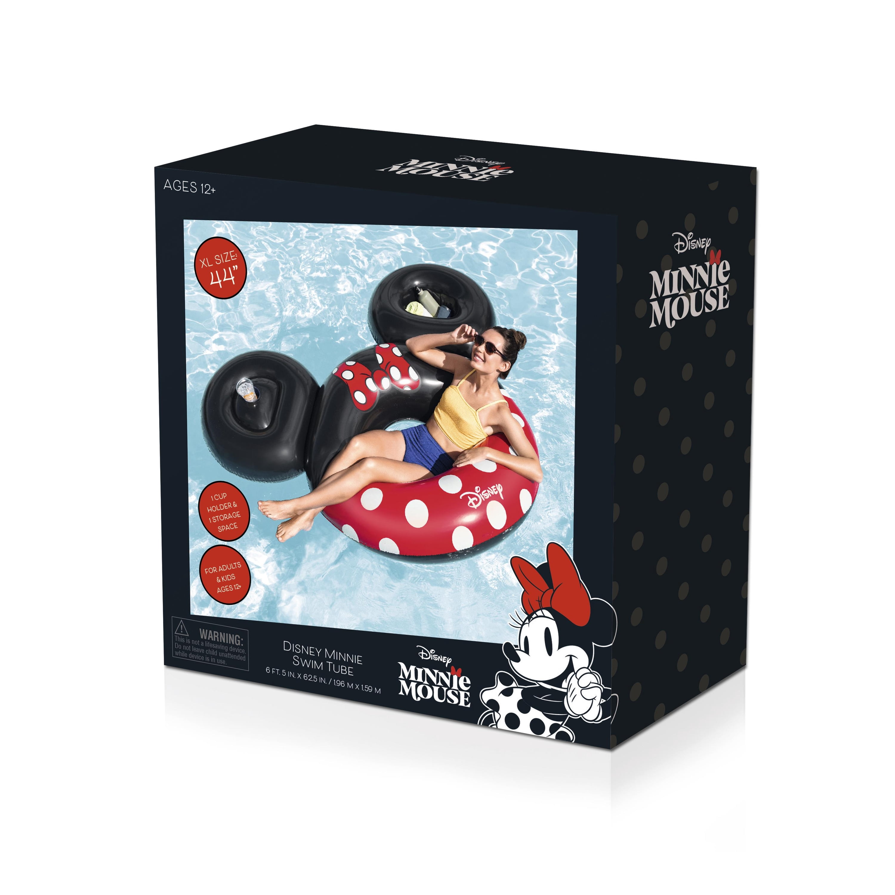 Disney Minnie Mouse Inflatable Swim Tube with Cup Holder & Storage Space, Extra Large 44’’ Dia.,  6’W X 56’’ H,  220lbs Weight Capacity, Age 12+