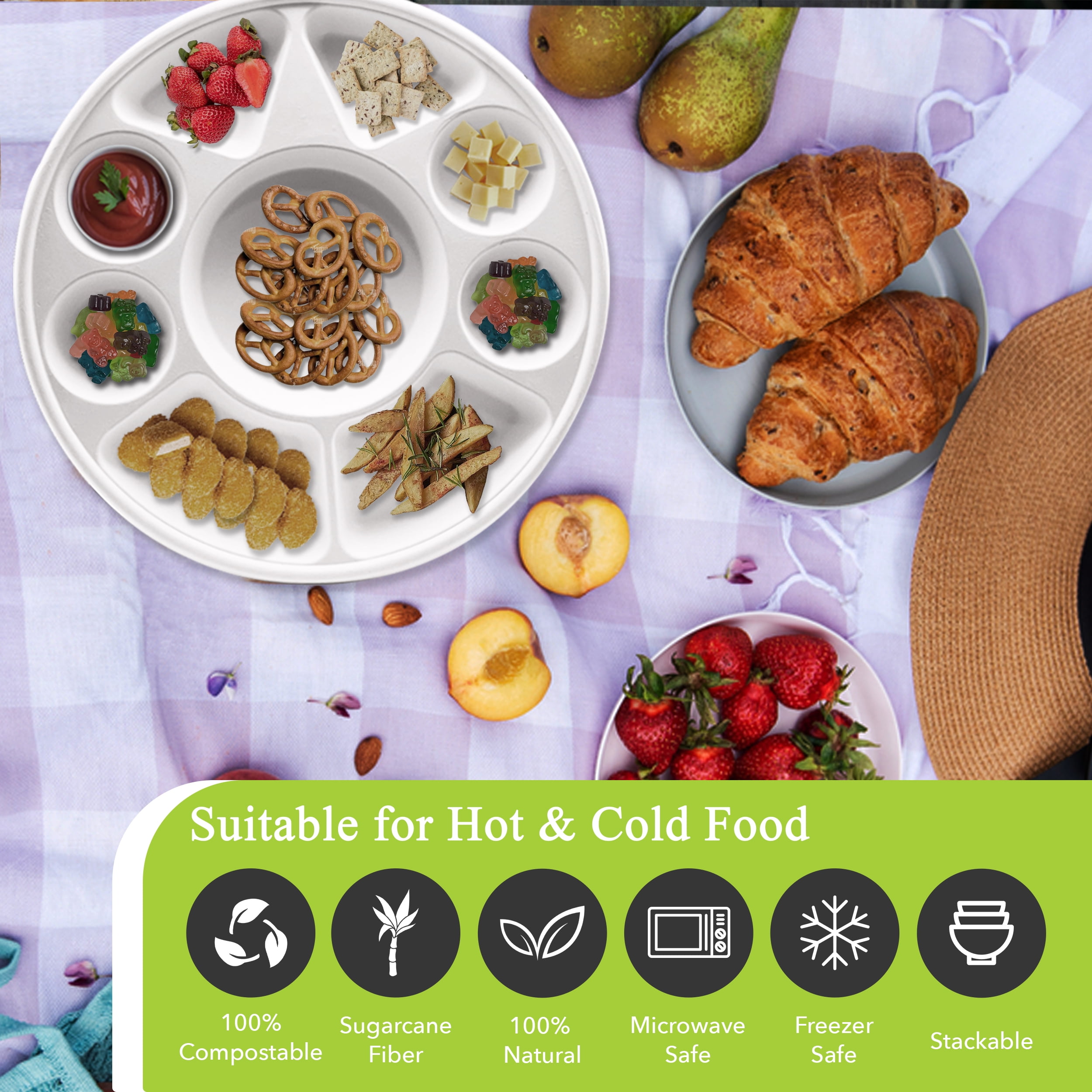 Three Leaf 9 Compartment Bagasse Round Plate, 200 Ct, Biodegradable Disposable Dinner Plates with Sections