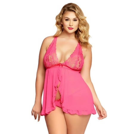 Lace Ruffle Bodystocking - Flirty Plus Size Flyaway Peony Lace Ruffle Babydoll Lingerie