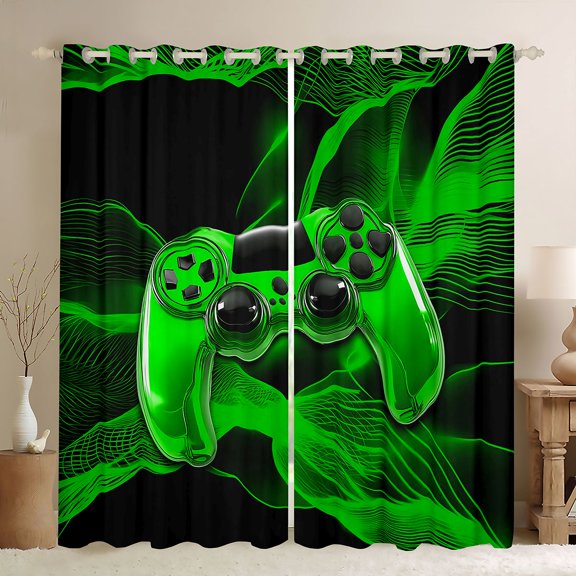 Homewish Game Console Black Out Curtains,Gamepad Gamer Curtains Pack of 2 (42x63 Each),Black Green Bedroom Curtains For Kids,Super Cozy Room Decor