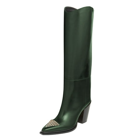FSJ Women Classic Triangle Rivets Studs Pointed Closed Toe Knee High Boots Chunky Block High Heels Pull On Comfort Casual Office Wear Shoes Size 12 Green