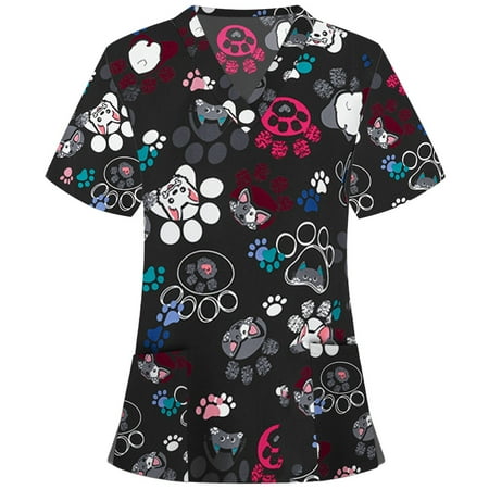 

UDAXB Womens Nursing Scrub Tops Valentine s Day Love Heart Printed Working Uniform Short Sleeve V-Neck Workwear Blouse T-shirt with Pockets