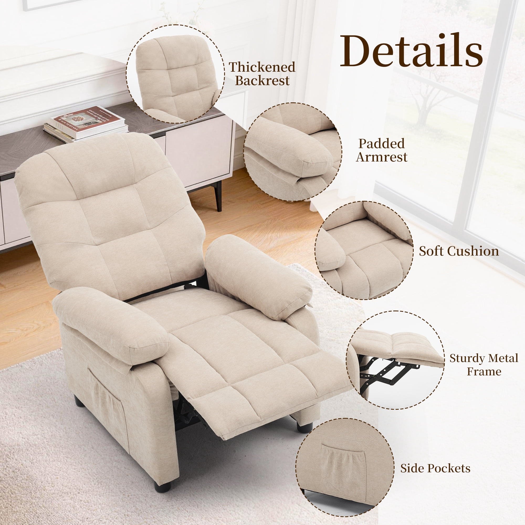 Korser Recliner Chairs for Adults with Fixed Base Push Back Recliner Chair for Living Room,Small Recliner Sofa for Small Spaces,Linen Fabric,Khaki