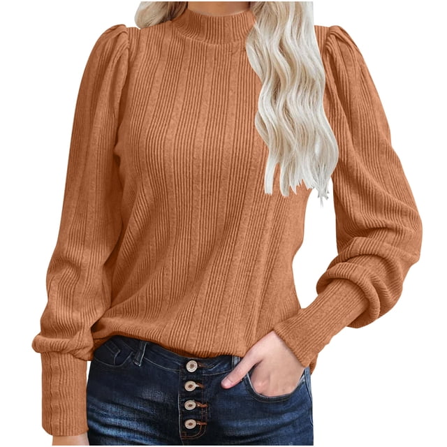 Timegard Womens Fall Tops Long Puff Sleeve Crewneck T Shirts Casual Sports Solid Color Basic Blouses