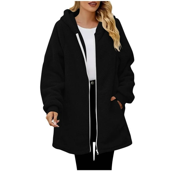 Fnooota Women's Fleece Jackets, Warm Zip up Mid-length Drawstring Winter Outerwear with Pockets Black Size S-3XL