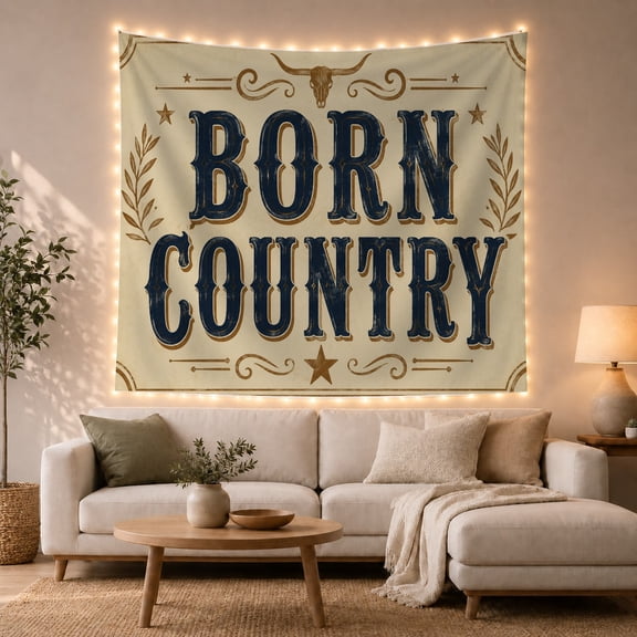 "BORN COUNTRY" with Longhorn Skull and Stars on Cream Background, Nostalgic Rustic for Country Music Fans, Western Wall Art Decor, Birthday Gift, Tapestry Wall Hanging for Living Room and Bedroom