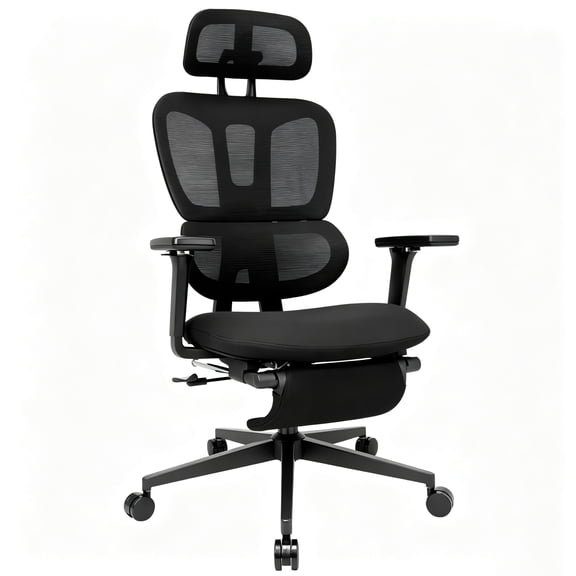 PUKNLY Ergonomic Office Chair with Footrest, High-back Computer Chair with Dynamic Lumbar Support, 2D Headrest & 4D Armrests, Sponge Cushion & Mesh Back, Home Office Chair for Adults