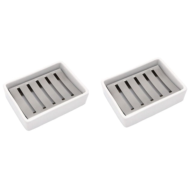 2X Cerámico Jabonera Jabonera de Acero Inoxidable para Baño Y Ducha de Doble Capa de Drenaje de Caja de Jabón