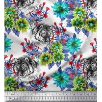 Soimoi Green Cotton Duck Fabric Tiger Face,Leaves & Floral Fabric Prints by Yard 42 Inch Wide
