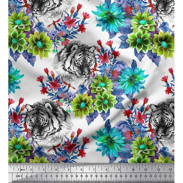 Soimoi Green Japan Crepe Satin Fabric Tiger Face,Leaves & Floral Print Sewing Fabric BTY 42 Inch Wide