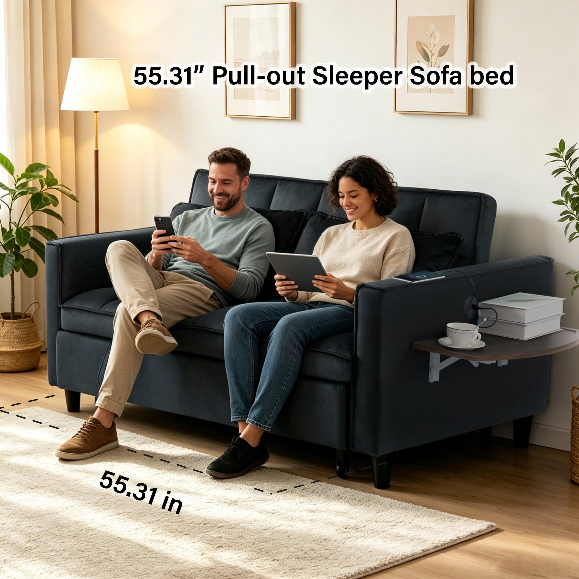 Gewnee 55.31''Pull Out Sleeper Sofa Bed,Twin Size Convertible Chair Bed with USB Ports & Side Table,3-Position Reclining Back,Velvet Upholstered Small Sofa for Living Room and Guest Room.Black