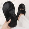 thumbnail image 3 of Deago Women's Memory Foam Fuzzy Comfy Faux Fur House Slippers Open Toe Two Band Indoor Slides Soft Plush Fleece Non-Slip Bedroom Shoes (Black), 3 of 9