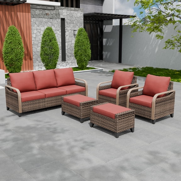 EAGLE PEAK 5 Piece Wicker Outdoor Patio Furniture Set, Patio Set with 2 Patio Chairs, 3 Seat Loveseat Sofa, and 2 Ottomans, Brown/Red