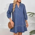 thumbnail image 5 of V-Neck Denim Dress with 3/4 Length Puff Sleeves - Mid-Calf Casual Basic Stretch Cotton Jean Shirt Dress for Women Denim Dress for Women, 5 of 8