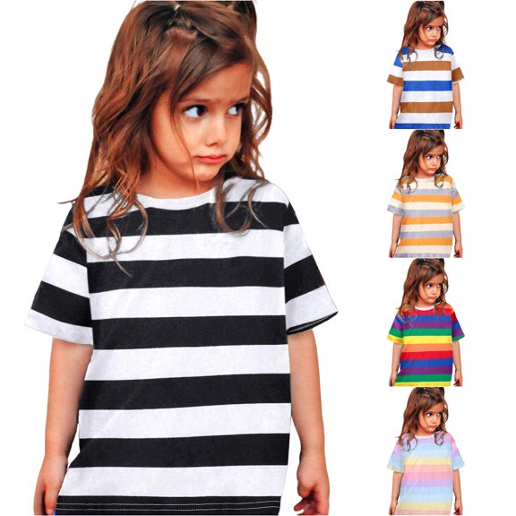 WhouRiu Girls Fashion Striped Graphic Tees Kids Short Sleeve Crew Neck Tshirt Comfortable Cute Casual Summer T Shirts,3-4 Years