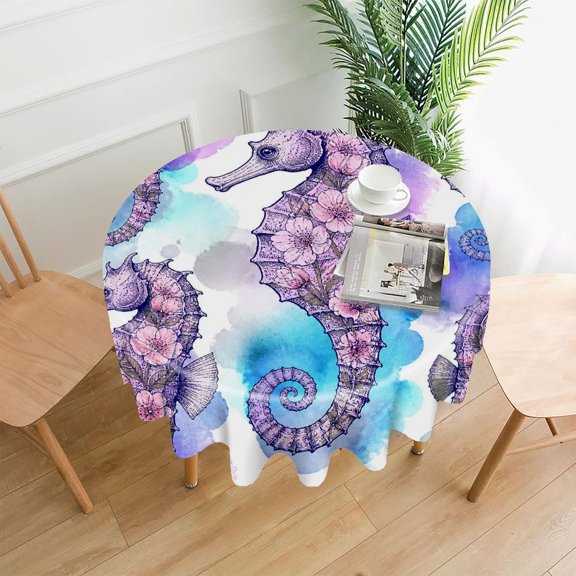RKSupls 60 Inch Round Tablecloth, Floral Seahorse Pattern Premium Polyester Straight Edge Wrinkle Resistant Washable Table Cover for Party Home Dining Decor