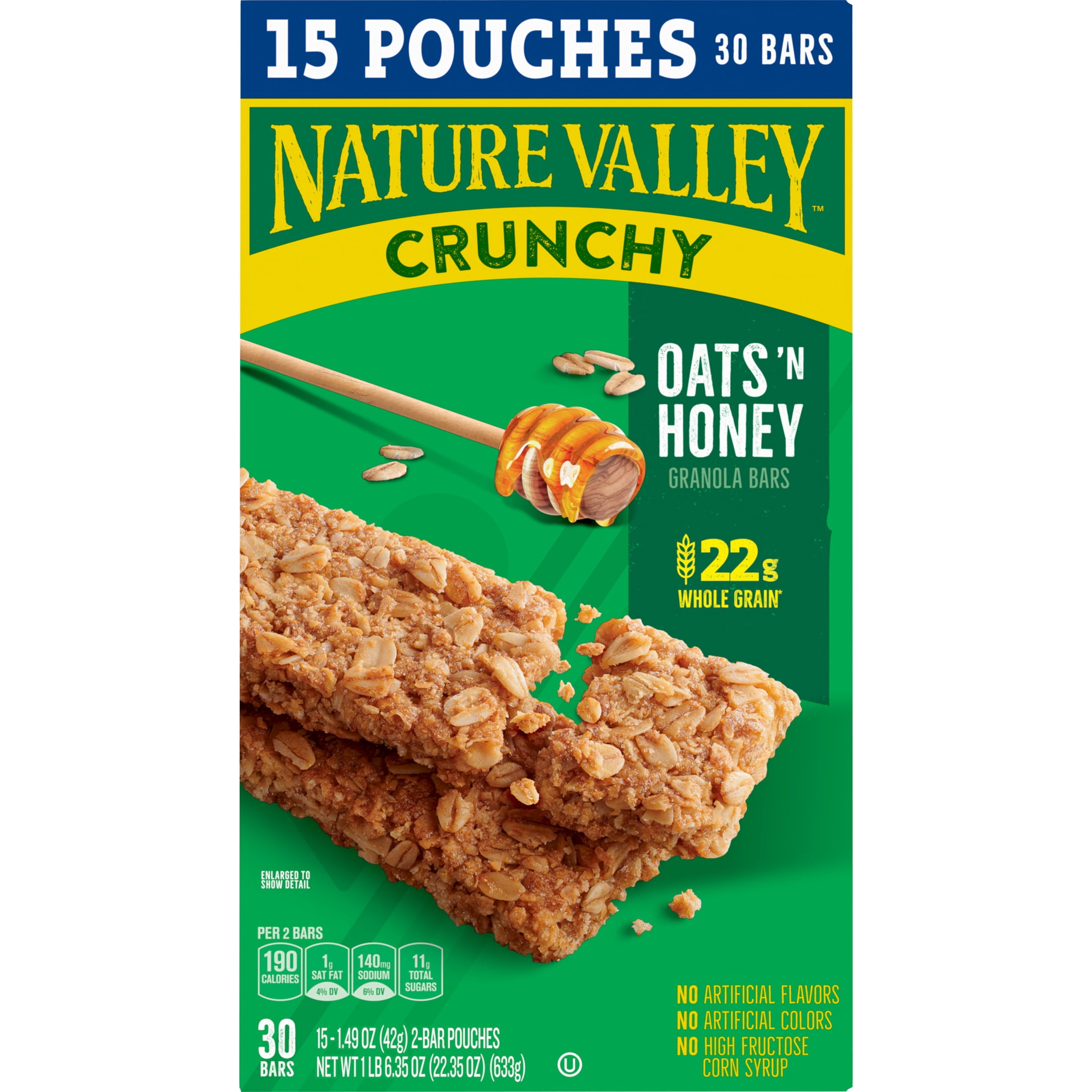 (6 pack) Nature Valley Crunchy Granola Bars, Oats 'n Honey, 30 Count, 22.35 oz (15 Pouches)