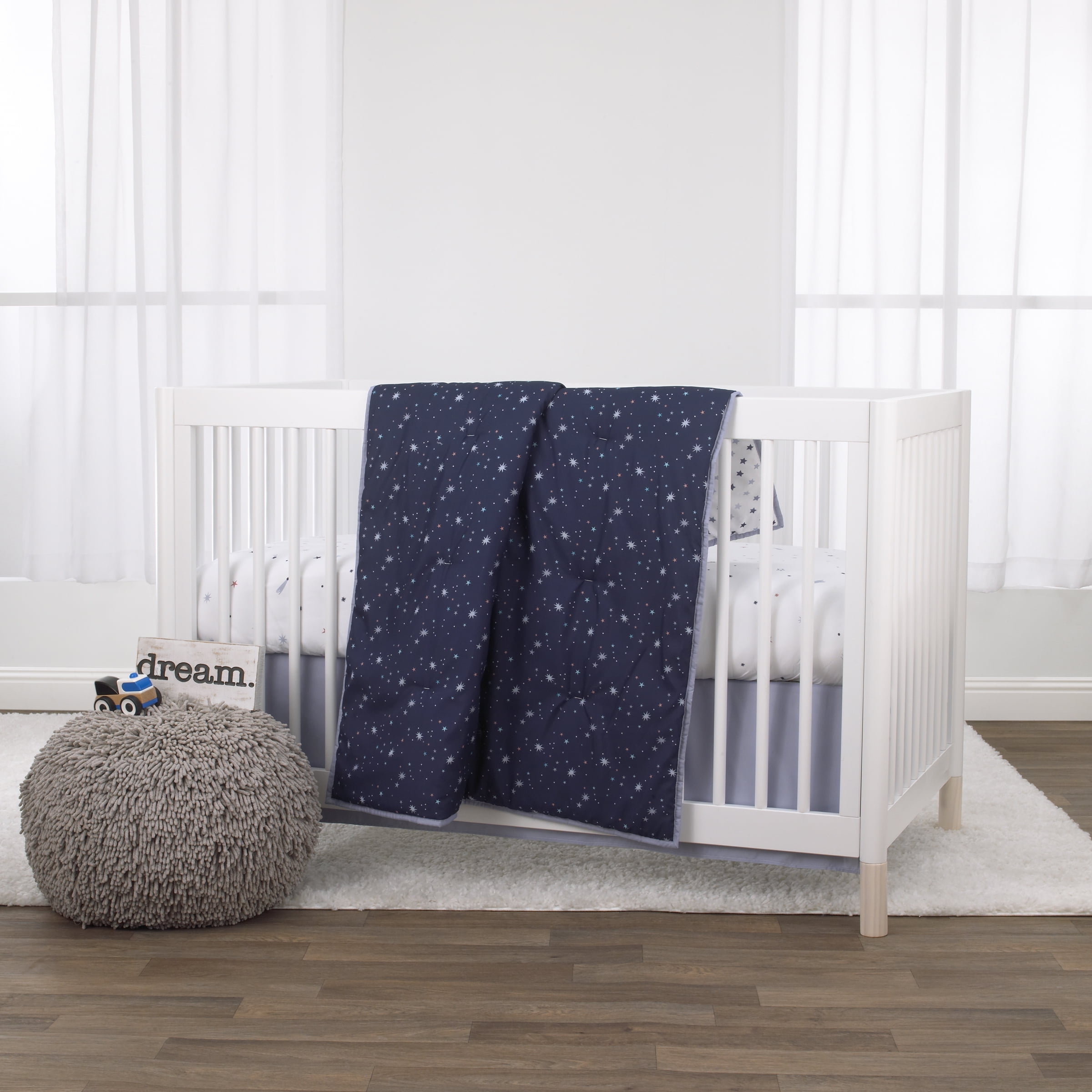 Little Love By Nojo Celestial 3 Piece Crib Bedding Set Navy Grey And White Comforter Fitted Crib Sheet And Dust Ruffle Walmart Com Walmart Com