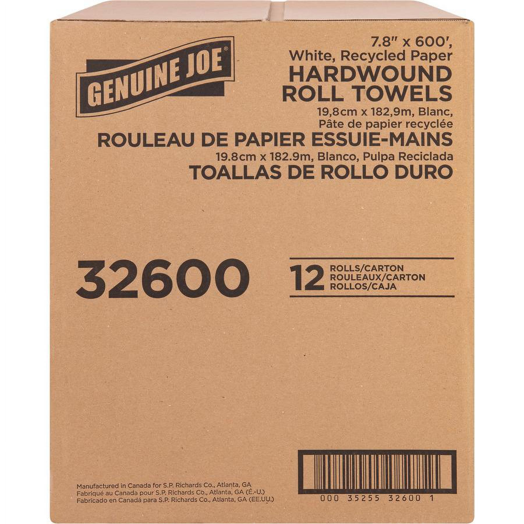 Genuine Joe Hardwound Roll Paper Towels - 7.80" x 600 ft - 2" Core - White - Paper - 12 / Carton