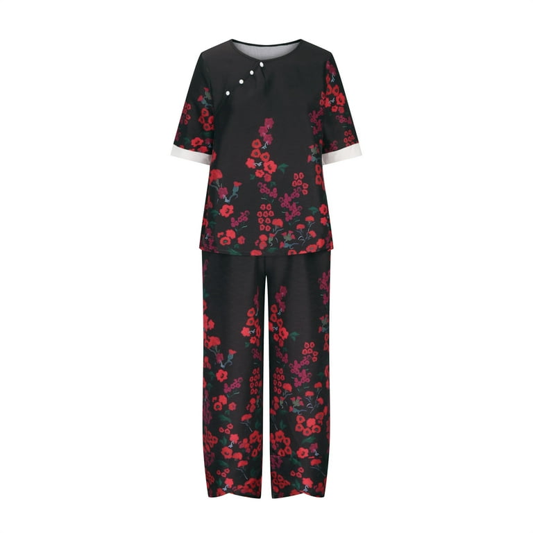 QUYUON Womens Summer 2 Piece Outfits Casual Loose Crew Neck Short Sleeve  Tops Elastic Waist Long Pants Sets Women Plus Size Floral Printed Two Piece  Lounge Sets A-Black L 