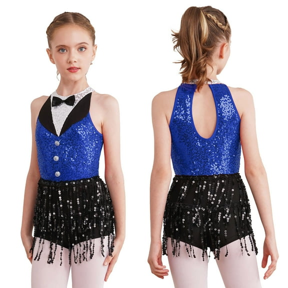 renvena Kids Girls Shiny Latin Jazz Salsa Dance Dress Leotards Bodysuit Tassel Skirts Disco Party Blue 12